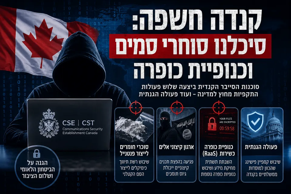 גרפיקת סייבר חדשותית עם דגל קנדה, דמות האקר מול מחשב, סמלי CSE ופאנלים המציגים איומי פנטניל, ארגון קיצוני, כנופיית כופרה ופעולת הגנה נגד פישינג.