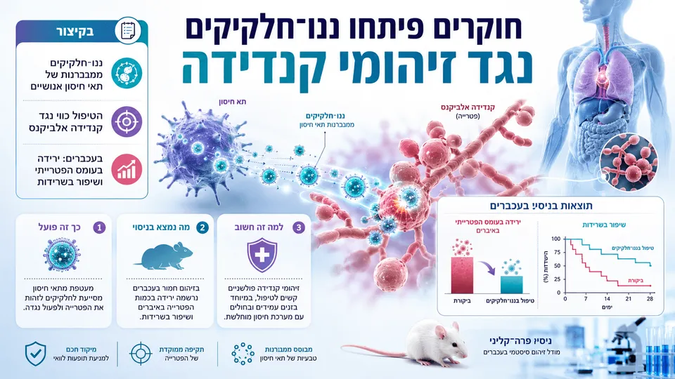 הדמיה מדעית של ננו־חלקיקים שמקורם בממברנות תאי חיסון אנושיים, פועלים נגד פטריית Candida albicans בסביבה רפואית נקייה.