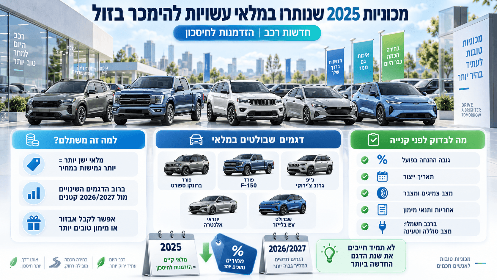 מכוניות חדשות משנת דגם 2025 שנותרו במלאי, עם דגש על מבצעי הנחה, בדיקות חשובות לפני קנייה והשוואה מול דגמי 2026–2027.