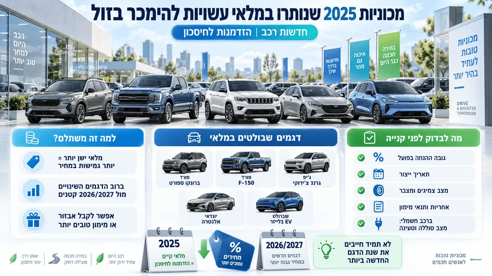 מכוניות חדשות משנת דגם 2025 שנותרו במלאי, עם דגש על מבצעי הנחה, בדיקות חשובות לפני קנייה והשוואה מול דגמי 2026–2027.