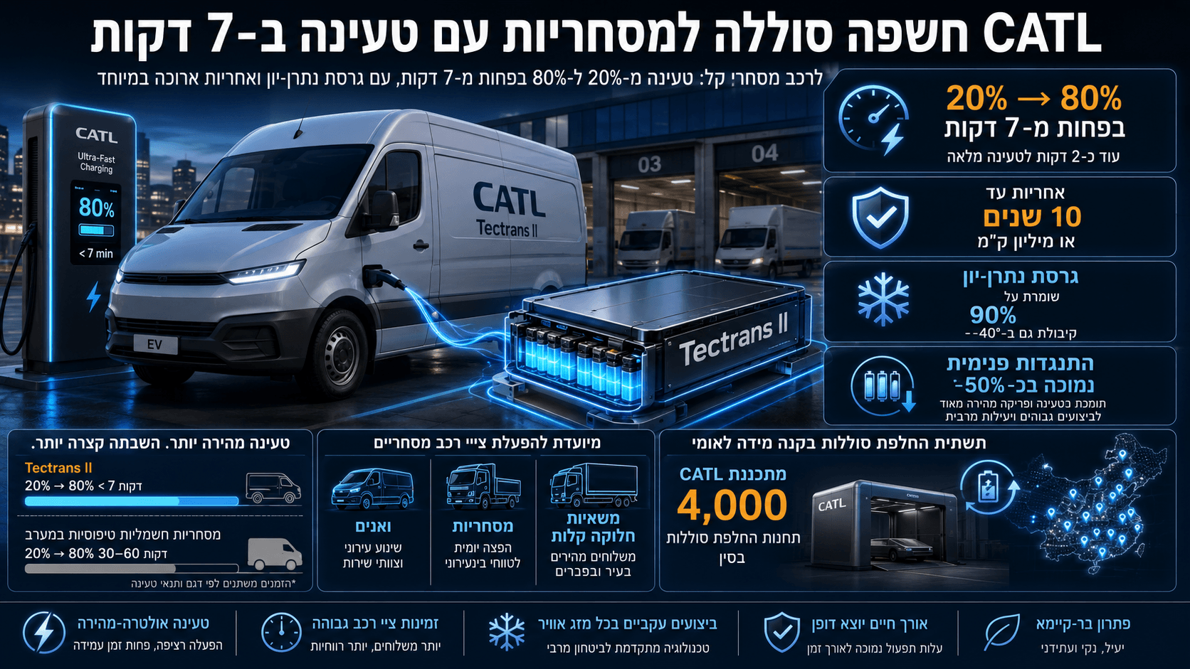 אינפוגרפיקה המציגה מסחרית חשמלית נטענת, סוללת CATL Tectrans II, טעינה מ-20% ל-80% בפחות משבע דקות ונתוני אחריות ועמידות בקור.