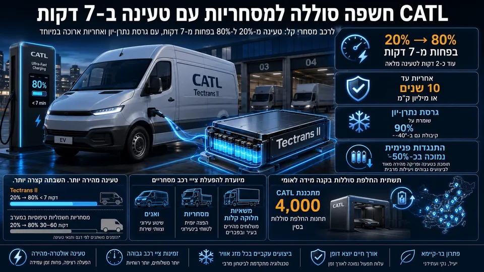 אינפוגרפיקה המציגה מסחרית חשמלית נטענת, סוללת CATL Tectrans II, טעינה מ-20% ל-80% בפחות משבע דקות ונתוני אחריות ועמידות בקור.