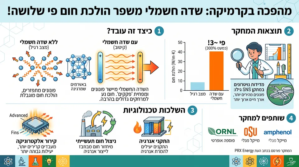 אינפוגרפיקה המדגימה שיפור פי שלושה במוליכות תרמית של קרמיקה באמצעות שדה חשמלי.