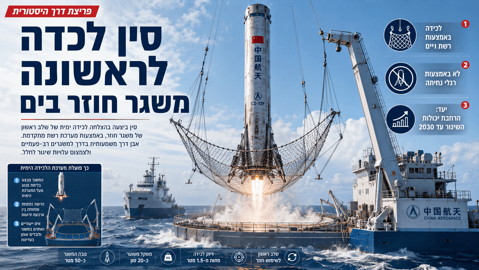 משגר סיני חוזר מדגם לונג מארץ' 10B יורד אנכית לעבר מתקן ימי ונלכד באמצעות רשת גדולה המחוברת למנופים. ברקע נראות ספינות תמיכה, ים פתוח וסמלי תוכנית החלל הסינית, המדגישים את שיטת ההשבה ללא רגלי נחיתה.