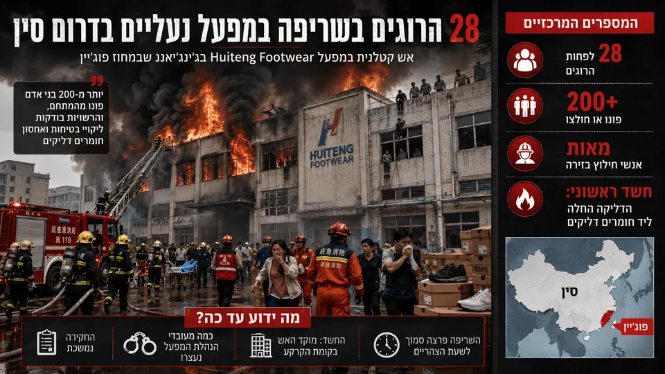 28 הרוגים בשריפה במפעל נעליים בדרום סין