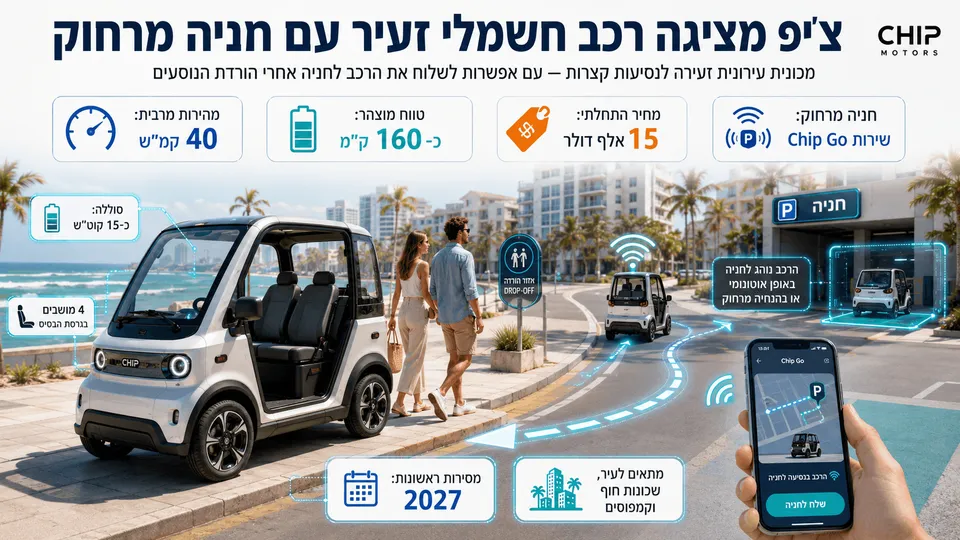 רכב חשמלי זעיר של Chip Motors נוסע באזור חוף ונשלח לחניה מרחוק באמצעות אפליקציית Chip Go.