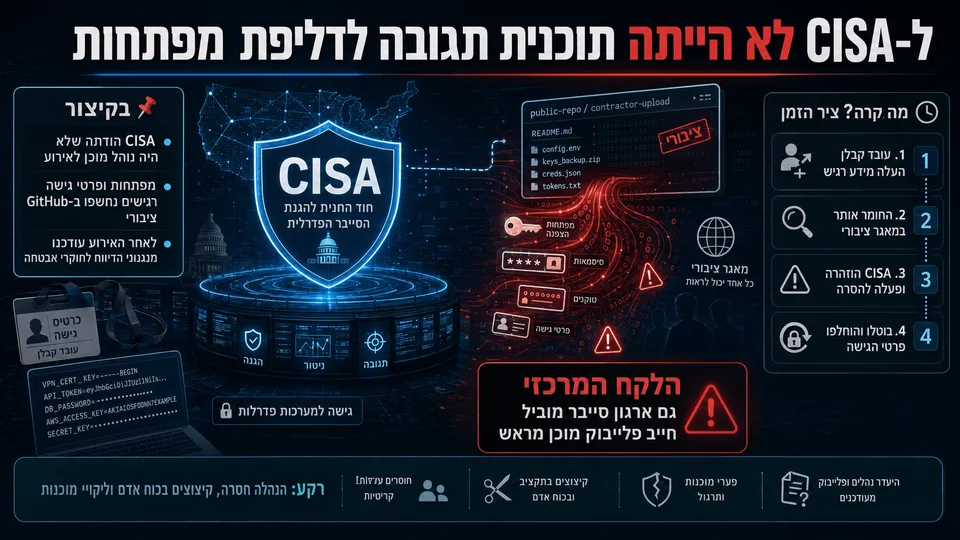 תרשים חדשותי המציג דליפת מפתחות ופרטי גישה של CISA למאגר GitHub ציבורי והיעדר תוכנית תגובה מוכנה.