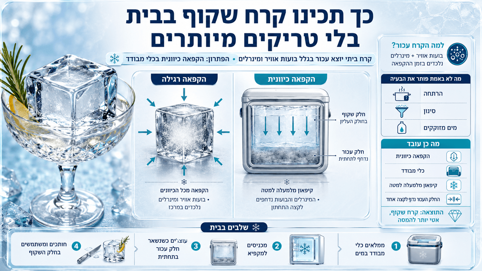 המחשה רחבה המציגה כיצד להכין קרח שקוף בבית באמצעות הקפאה כיוונית, עם קוביות קרח צלולות, כלי מבודד והסבר חזותי על תהליך ההקפאה.