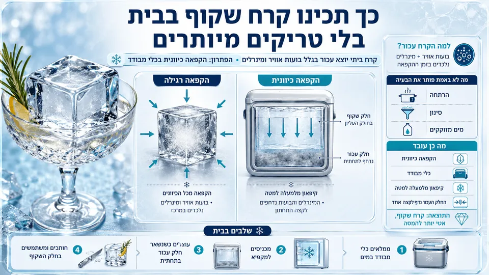 המחשה רחבה המציגה כיצד להכין קרח שקוף בבית באמצעות הקפאה כיוונית, עם קוביות קרח צלולות, כלי מבודד והסבר חזותי על תהליך ההקפאה.