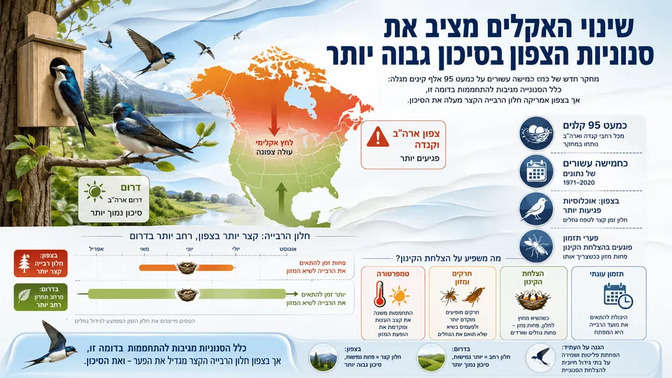 סנוניות עצים בצפון ארה״ב וקנדה לצד מפת אקלים וחלון רבייה מצטמצם בשל ההתחממות.