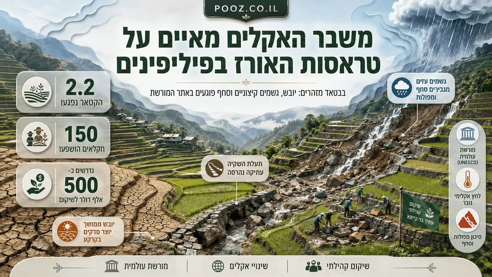 טראסות האורז של בטאד בפיליפינים מוצגות לצד קרקע סדוקה, מפולת שפגעה במדרונות ובתעלת ההשקיה, גשמים עזים ותושבים העוסקים בשיקום אתר המורשת העולמית שנפגע ממשבר האקלים.