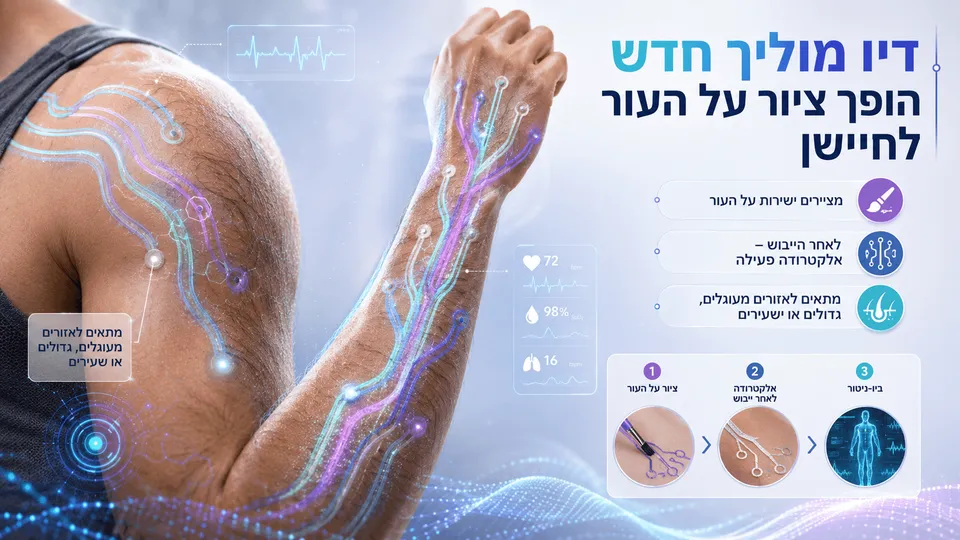 דיו מוליך צבעוני מצויר על הזרוע והכתף והופך לאחר הייבוש לאלקטרודה לניטור אותות ביולוגיים.