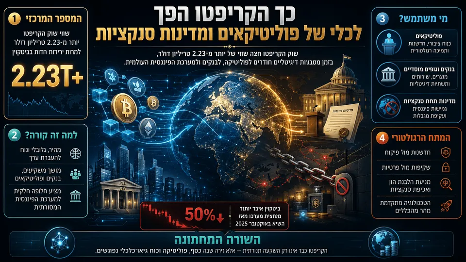 עריכה ויזואלית דרמטית לקהל דוברי עברית המציגה את חדירת הקריפטו למערכת הפיננסית והפוליטית: מטבעות דיגיטליים זוהרים, גרפים של שווי שוק ותנודתיות, סמלי מוסדות פיננסיים, דמויות פוליטיות ומוקדי השפעה גלובליים, יחד עם רמזים למדינות תחת סנקציות ולזרימת הון חוצת גבולות.