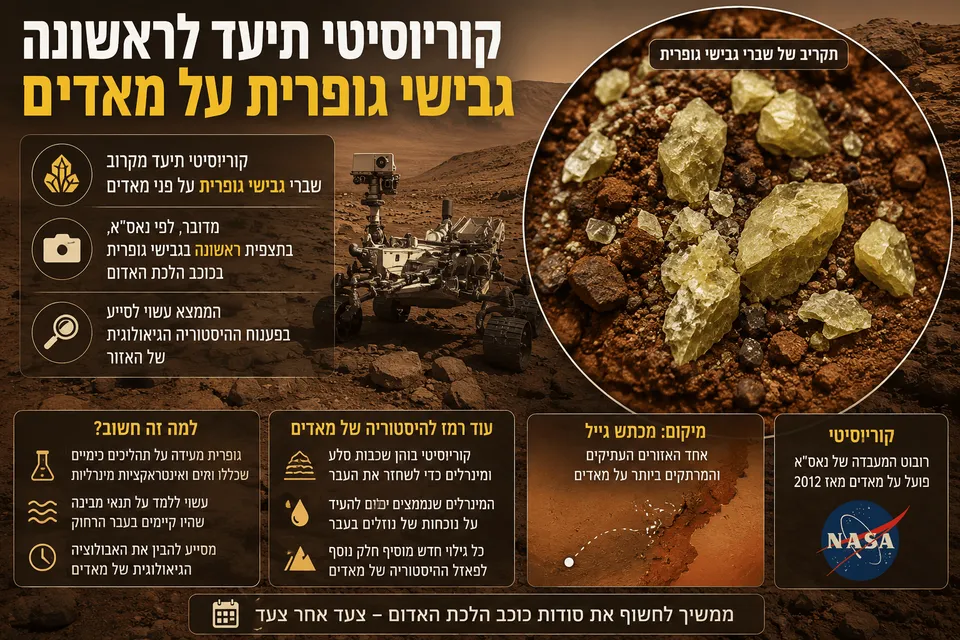 תמונה חדשותית־מדעית המציגה את רובר קוריוסיטי על פני מאדים, תקריב של גבישי גופרית צהבהבים בתוך אדמת מאדים האדומה, וסימוני מידע בעברית שמדגישים את התיעוד הראשון של גבישי גופרית על הכוכב האדום ואת חשיבותו להבנת ההיסטוריה הגיאולוגית של האזור.