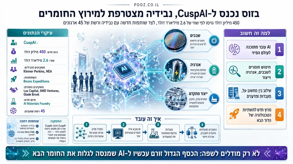 המחשה של שבב AI ומבנים מולקולריים המסמלים את גיוס CuspAI והשותפות עם נבידיה לגילוי חומרים חדשים.