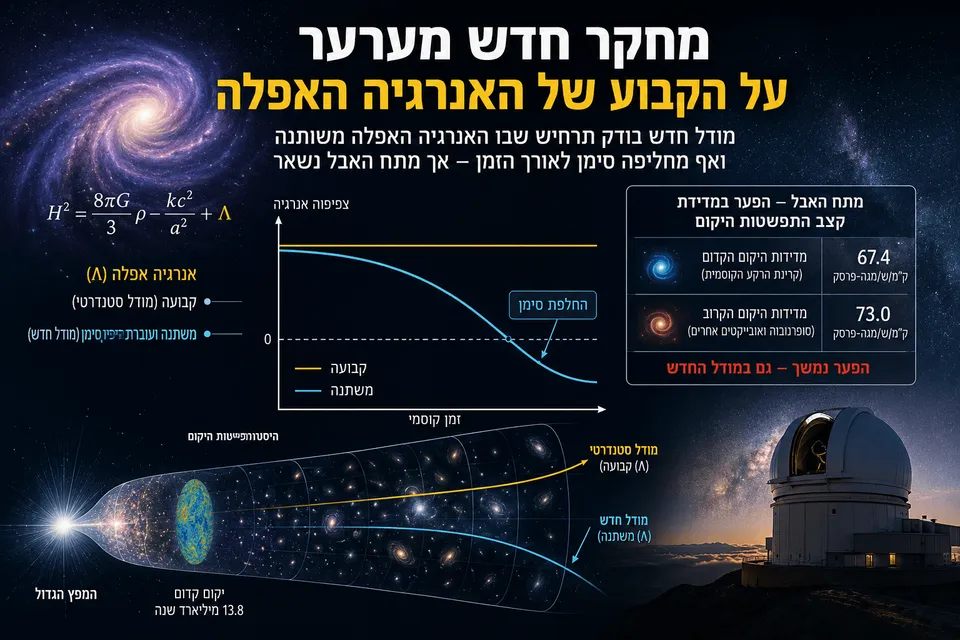 המחשה מדעית רחבה של מודל קוסמולוגי חדש שבו האנרגיה האפלה משתנה לאורך הזמן ואף מחליפה סימן. בתמונה מופיעים גרף צפיפות אנרגיה לאורך ההיסטוריה הקוסמית, ציר זמן מהמפץ הגדול ועד היקום המודרני, השוואה בין קבוע קוסמולוגי למודל דינמי ונתוני מתח האבל שנותר בלתי פתור.