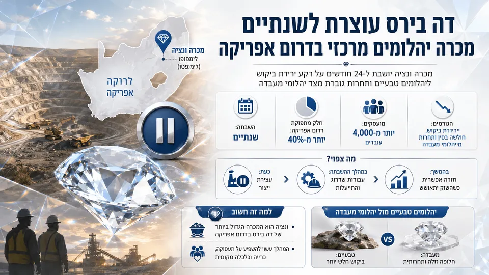 מכרה ונציה בדרום אפריקה לצד יהלום גדול, עובדים וסמל עצירת פעילות לשנתיים.