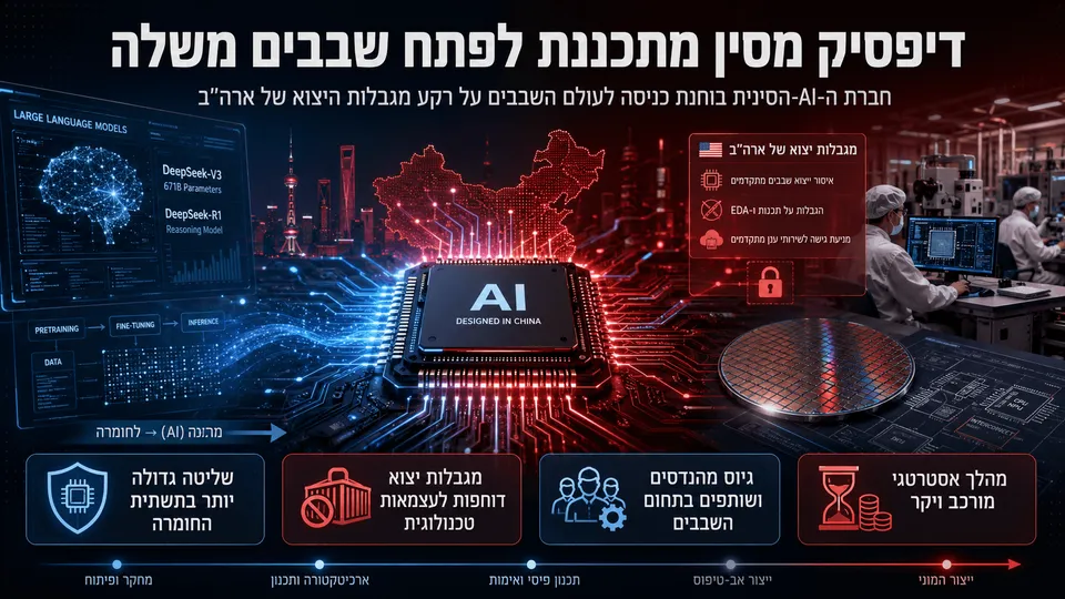 אינפוגרפיקה המציגה שבב AI מתוצרת סין, מפת סין, מעבדת שבבים, מגבלות יצוא אמריקאיות וחיבור בין מודלי DeepSeek לתשתיות חומרה עצמאיות.