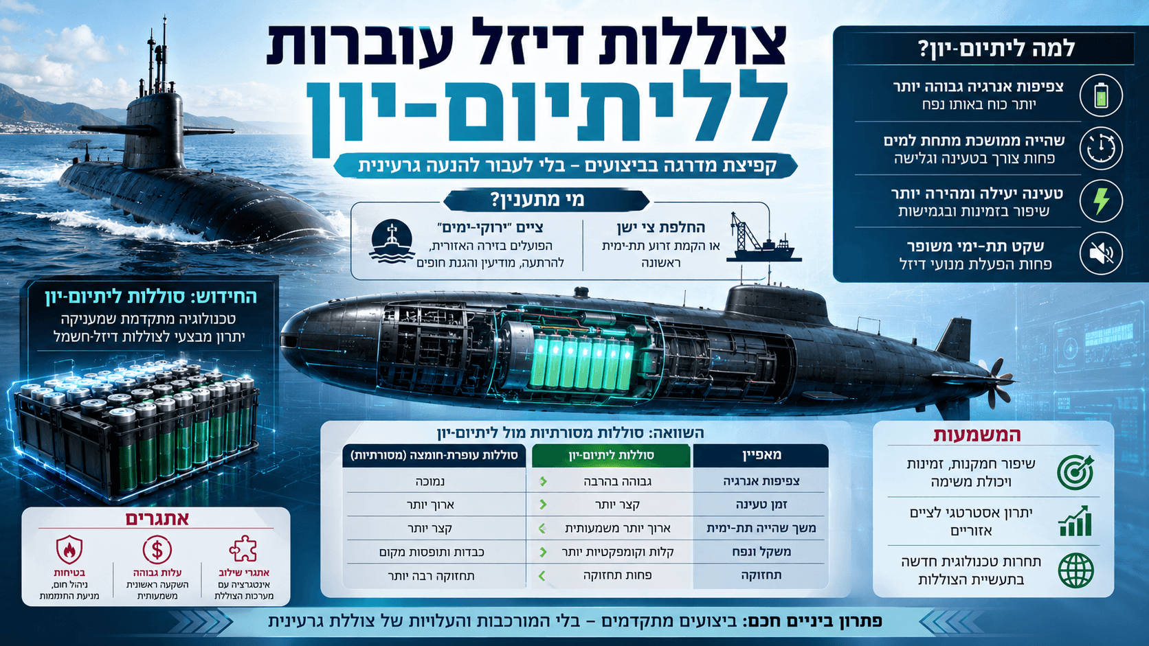 צוללת דיזל־חשמל בחתך פנימי המציגה מערך סוללות ליתיום־יון מתקדם מתחת לפני הים.