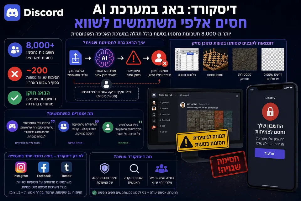 אינפוגרפיקה על באג במערכת האכיפה האוטומטית של Discord, שחסם בטעות אלפי משתמשים לאחר שסימן תמונות וקבצים תמימים כתוכן מזיק.