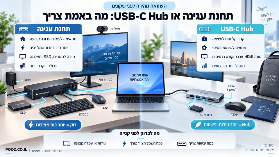 מחשב נייד לצד תחנת עגינה ורכזת USB-C בהשוואת חיבורים ושימושים.