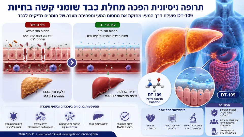 המחשה רפואית של DT-109 המשקמת את מחסום המעי ומפחיתה דלקת ונזק בכבד שומני מסוג MASH.