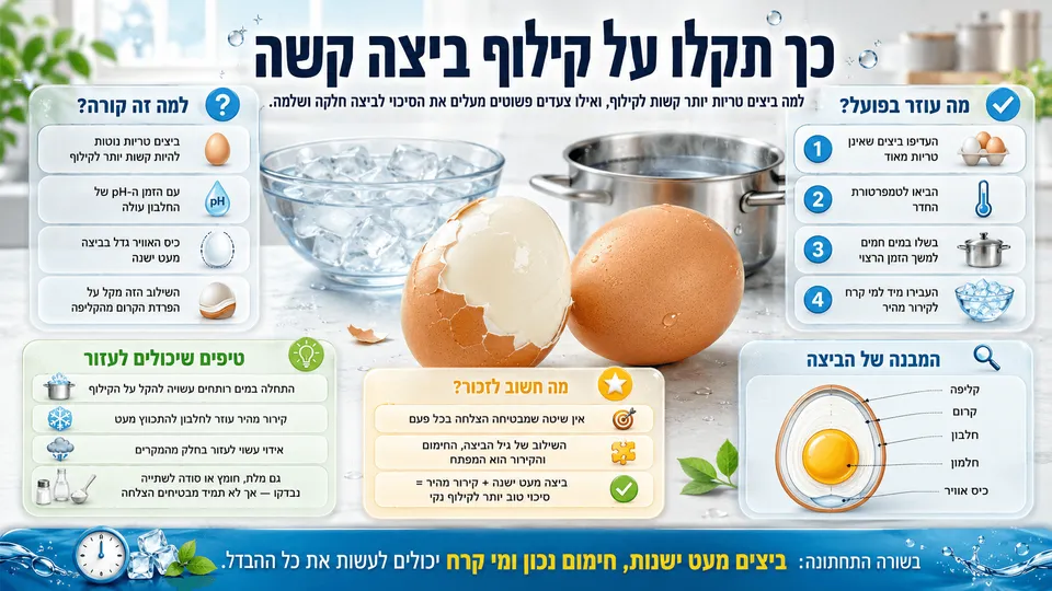 ביצים קשות לצד מי קרח וסיר בישול, עם טיפים לבחירת ביצים, חימום וקירור שמקלים על הקילוף.
