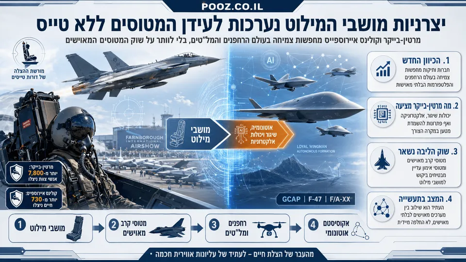 טייס במושב מילוט לצד מטוס קרב מאויש, רחפנים ומטוסים אוטונומיים עתידניים, הממחישים את המעבר של יצרניות מושבי המילוט לפעילות בתחומי האלקטרוניקה, השיגור והמערכות הבלתי מאוישות.
