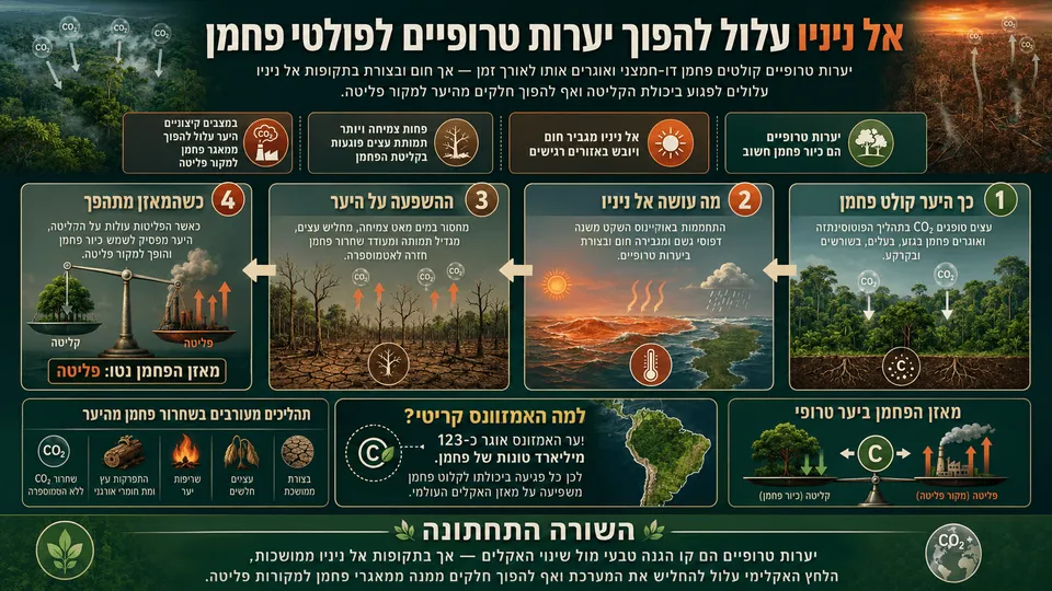 תרשים חדשותי בעברית המסביר כיצד יער טרופי בריא קולט פחמן דו־חמצני ואוגר אותו בעצים ובקרקע, וכיצד חום ובצורת בתקופת אל ניניו מחלישים את הצמחייה, מגבירים תמותת עצים ושריפות ועלולים להפוך את היער ממאגר פחמן למקור פליטה. התמונה כוללת את יער האמזונס, מאזן בין קליטה לפליטה וזרימה מדורגת של התהליך האקלימי.