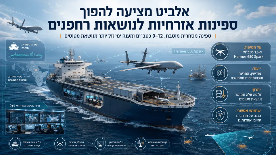 ספינה אזרחית מוסבת שטה בים כשעל סיפונה כטב״מי Hermes 650 Spark, לצד מערכות שליטה מרחוק והמחשה של הפעלת רחפנים להגנה על מרחבים ימיים.