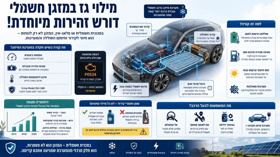 מערכת המיזוג ברכב חשמלי מקררת את תא הנוסעים ואת סוללת ההנעה, לצד המחשה של מדחס מתח גבוה, צנרת קירור וחומרי שירות ייעודיים.