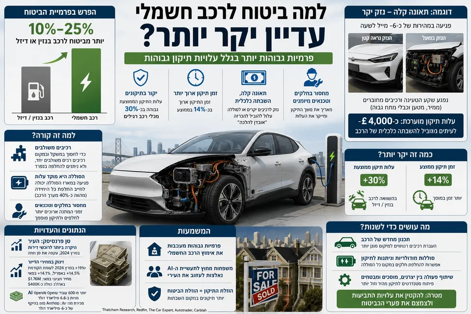 אינפוגרפיקה המציגה רכב חשמלי פגוע, עלויות תיקון גבוהות, סוללה ורכיבי מתח גבוה, ופער של 10%–25% בפרמיות הביטוח לעומת רכב בנזין או דיזל.