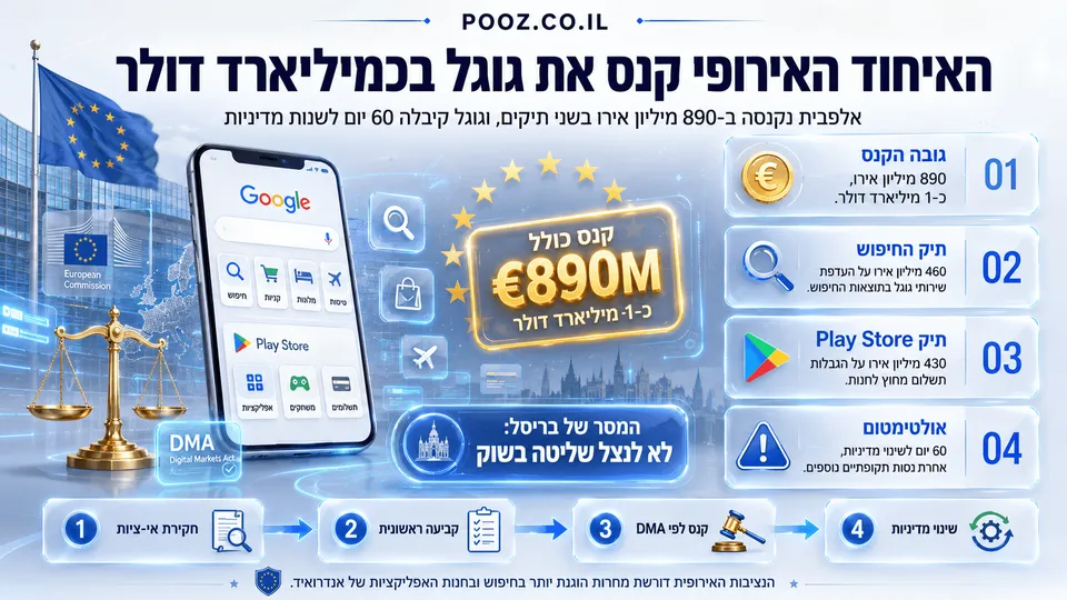 סמל גוגל וממשק Play Store לצד דגל האיחוד האירופי, מאזני צדק והסכום 890 מיליון אירו, בעקבות קנס שהוטל על אלפבית בשל העדפת שירותי גוגל והגבלות על תשלומים חלופיים.