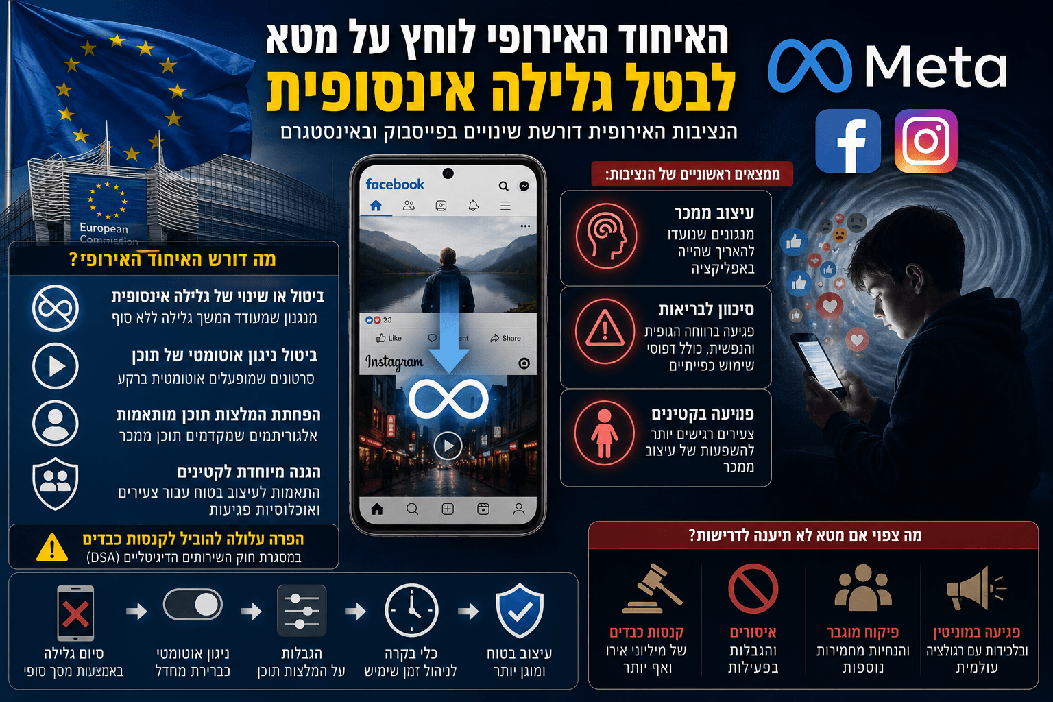 המחשה חדשותית של הלחץ הרגולטורי שמפעיל האיחוד האירופי על Meta, עם סמלי פייסבוק ואינסטגרם, טלפון המציג גלילה אינסופית ודמות צעירה המשתמשת ברשת חברתית. סביב התמונה מוצגים ניגון אוטומטי, המלצות תוכן מותאמות, חשש לשימוש כפייתי והאפשרות לקנסות כבדים אם החברה לא תשנה את עיצוב הפלטפורמות.
