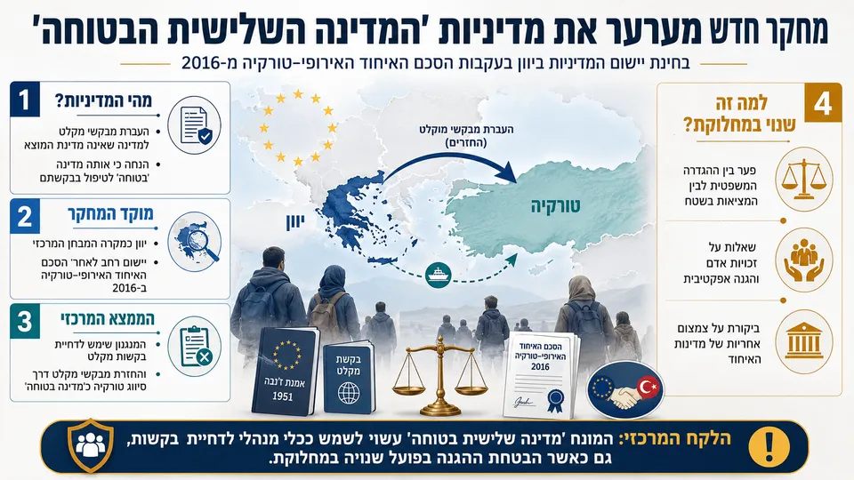 מפת יוון וטורקיה לצד מבקשי מקלט ומסמכים משפטיים המסבירים את מדיניות המדינה השלישית הבטוחה.