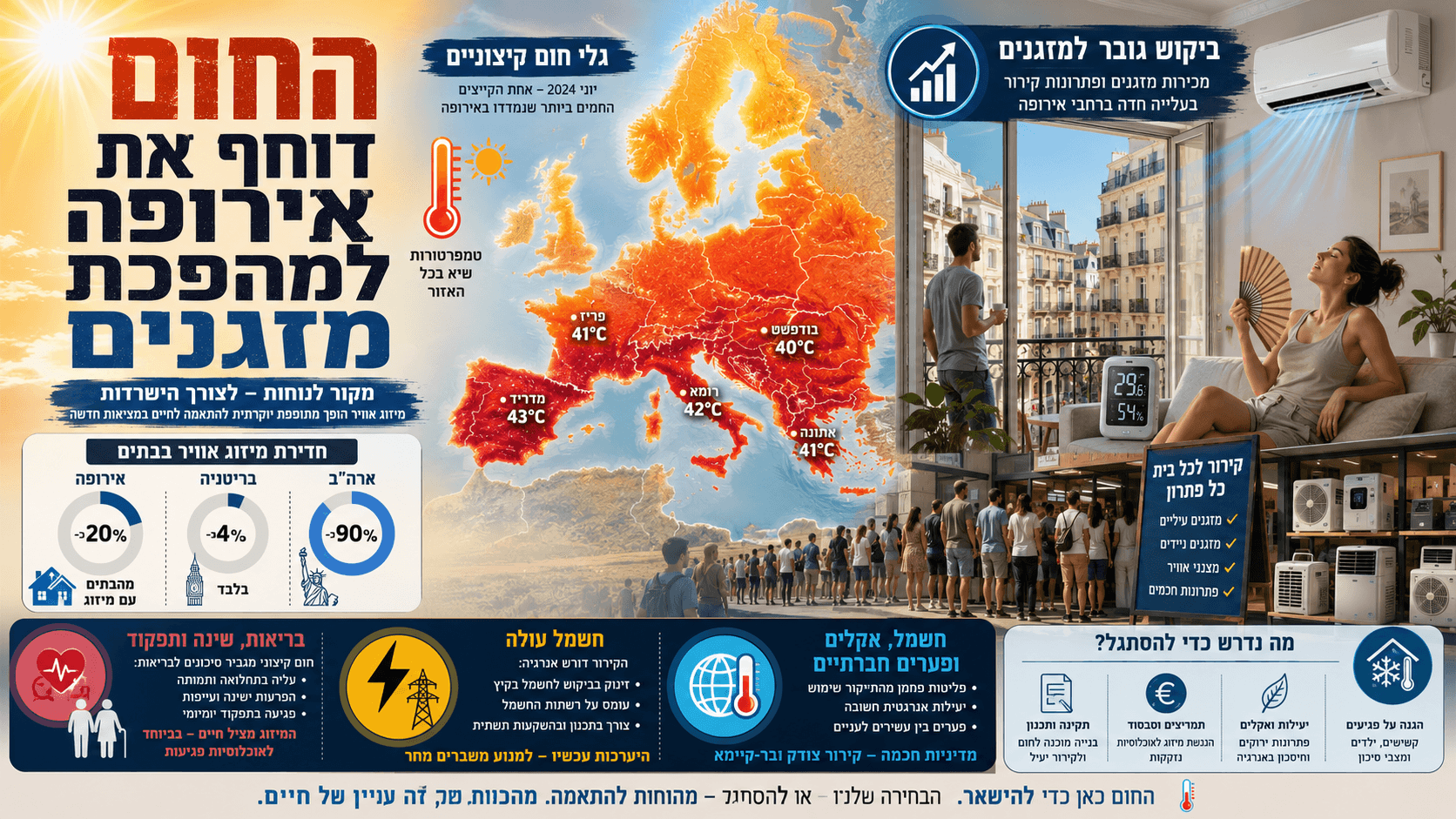 מפת אירופה בגוונים אדומים וכתומים הממחישה גל חום קיצוני, לצד תושבים בדירה עירונית המשתמשים במזגן ובמאוורר ותור לקוחות בחנות מוצרי קירור. בתמונה מודגשים העלייה בביקוש למזגנים, העומס האפשרי על רשת החשמל והפערים בנגישות לקירור ביתי.