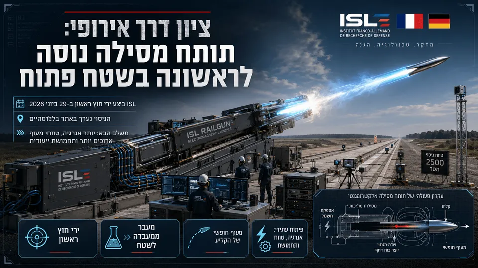 תמונה חדשותית־טכנולוגית המציגה ניסוי שטח פתוח של תותח מסילה אלקטרומגנטי, עם קליע מואץ באנרגיה חשמלית, צוותי בדיקה, מסלול ניסויים ארוך ושכבות מידע בעברית על ניסוי ISL הצרפתי־גרמני שנערך ביוני 2026.