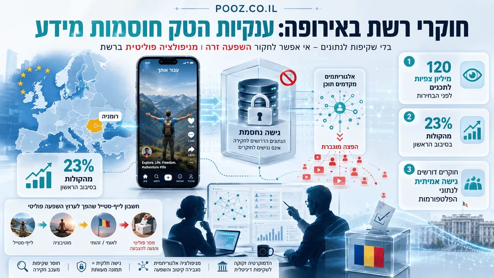 המחשה חדשותית של חוקרי רשת באירופה מול מאגר נתונים דיגיטלי נעול, לצד טלפון המציג תכנים פוליטיים, מפת רומניה, רשת חשבונות מתואמת ונתונים על 120 מיליון צפיות וזינוק ל-23% מהקולות בבחירות.