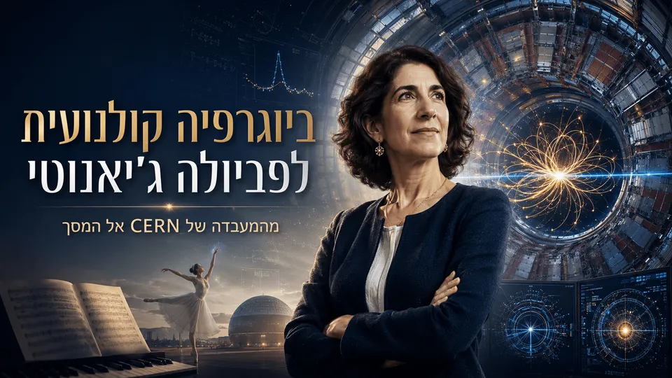 דיוקן קולנועי של פביולה ג'יאנוטי על רקע גלאי החלקיקים ATLAS במתקני CERN, לצד הדמיה של התנגשות חלקיקים ונתונים מדעיים. ברקע משולבים פסנתר ורקדנית בלט, המייצגים את החיבור בין עולמה האמנותי לבין הקריירה המדעית שהובילה אותה לגילוי בוזון היגס ולהנהגת CERN.