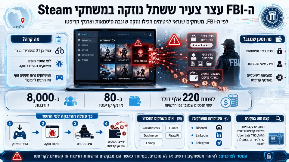 המחשה חדשותית של חקירת FBI נגד הפצת משחקי Steam נגועים בנוזקה, עם גניבת סיסמאות ופריצה לארנקי קריפטו.