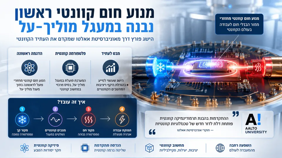 הדמיה חדשותית של מנוע חום קוונטי ראשון במעגל מוליך־על, עם שבב קוונטי, זרימת חום וקור ואלמנטים גרפיים המדגישים את פריצת הדרך של חוקרי אוניברסיטת אאלטו.