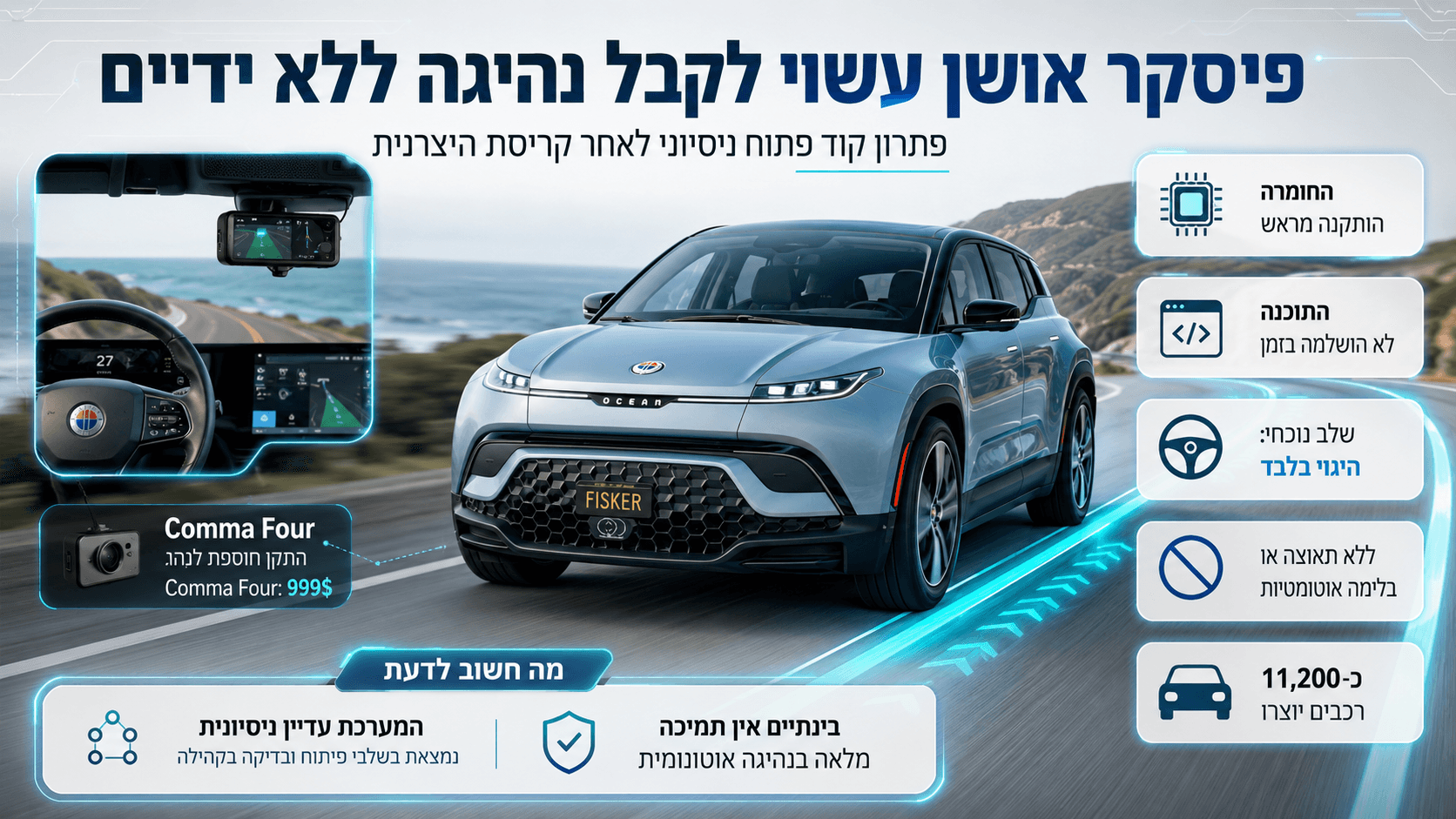 פיסקר אושן עם מערכת Comma AI חיצונית, המדגימה יכולת ניסיונית לנהיגה ללא ידיים באמצעות היגוי אוטומטי.