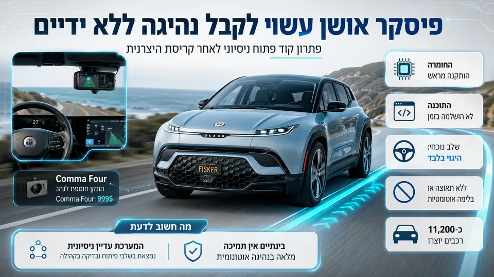פיסקר אושן עם מערכת Comma AI חיצונית, המדגימה יכולת ניסיונית לנהיגה ללא ידיים באמצעות היגוי אוטומטי.
