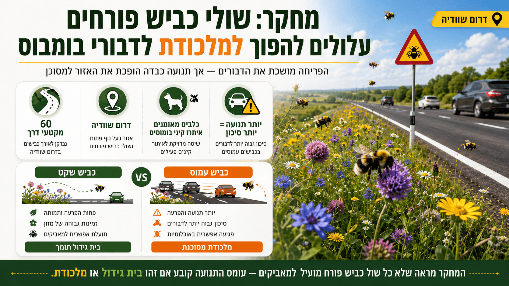 איור חדשותי המציג דבורי בומבוס סביב פריחה בשולי כביש, לצד תנועה חולפת, וממחיש כיצד אזור עשיר בפרחים עלול להפוך למוקד סיכון למאביקים.