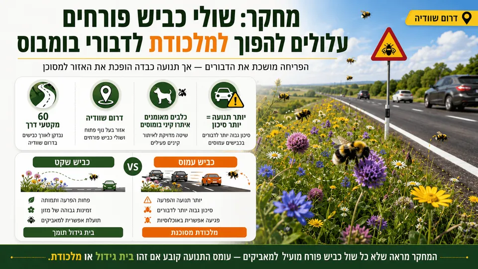 איור חדשותי המציג דבורי בומבוס סביב פריחה בשולי כביש, לצד תנועה חולפת, וממחיש כיצד אזור עשיר בפרחים עלול להפוך למוקד סיכון למאביקים.