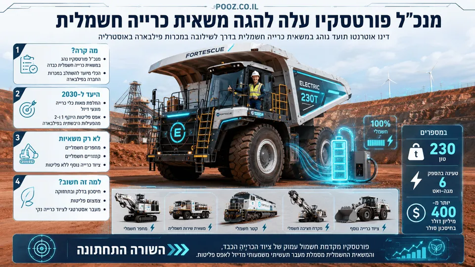 המחשה חדשותית של משאית כרייה חשמלית ענקית של פורטסקיו באתר מכרות בפילבארה שבאוסטרליה, עם מנכ״ל החברה בתא הנהג, עמדת טעינה גרפית, סימוני סוללה ונתונים על מעבר מצי דיזל לציוד כרייה חשמלי ללא פליטות.