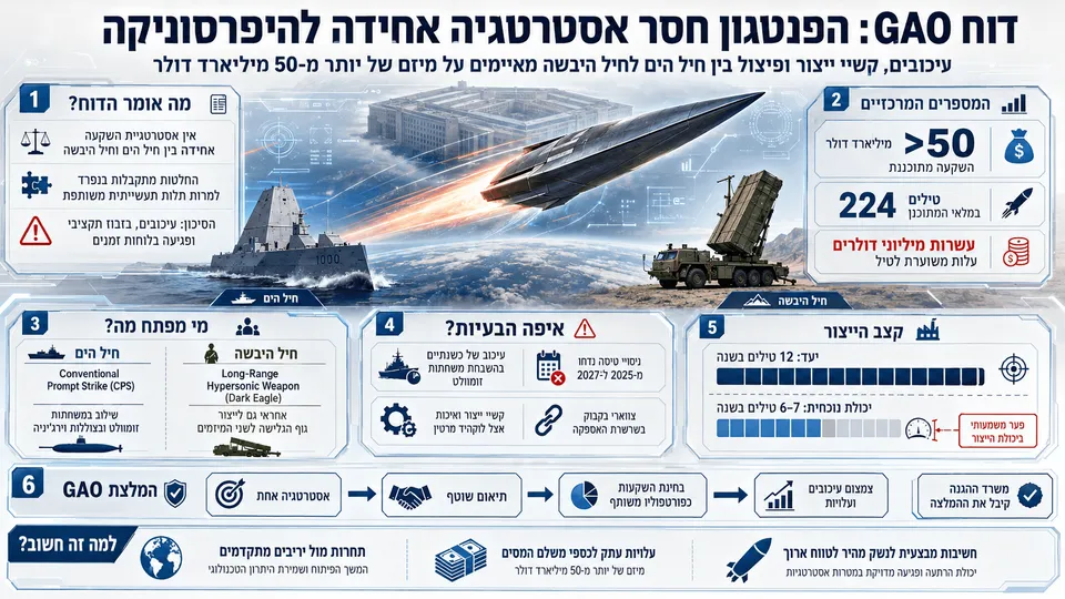 טיל היפרסוני לצד משחתת ומשגר יבשתי, עם נתוני תקציב, עיכובים ופערי ייצור בתוכניות הפנטגון.