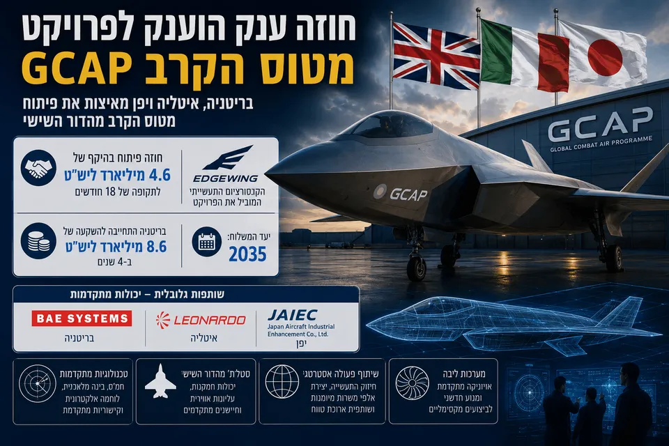 איור של מטוס הקרב העתידי GCAP על רקע דגלי בריטניה, איטליה ויפן, עם אלמנטים המדגישים את חוזה הפיתוח המשותף של תוכנית מטוס הקרב מהדור השישי.