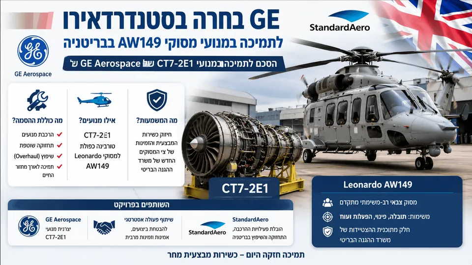 מסוק Leonardo AW149 לצד מנוע CT7-2E1, להמחשת בחירת StandardAero להרכבה, תחזוקה ושיפוץ המנועים בבריטניה.