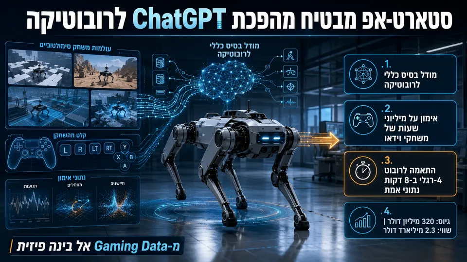 אינפוגרפיקה המציגה רובוט ארבע־רגלי, מודל בסיס לרובוטיקה, נתוני משחקי וידאו, חיבור בין סימולציה לעולם הפיזי והשקעה ב-General Intuition.